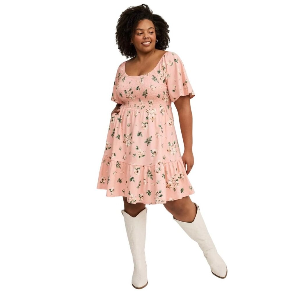 Torrid Smocked Floral Babydoll Dress Size 5X‎ NWT Coquette Ruffle Cotton PInk